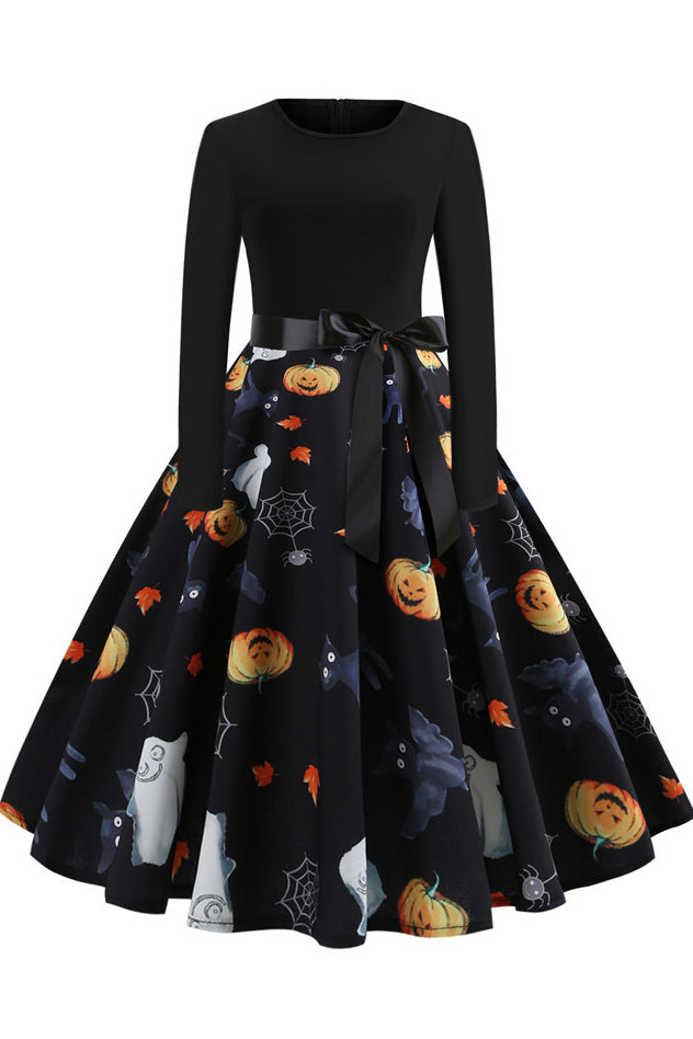 Halloween Printed Belt Vintage Dress - Mislish
