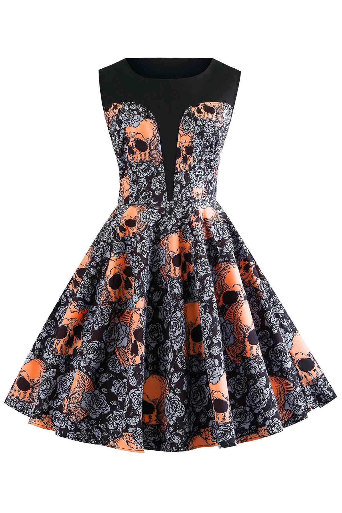 Halloween Vintage Skull Print Sleeveless Dress - Mislish