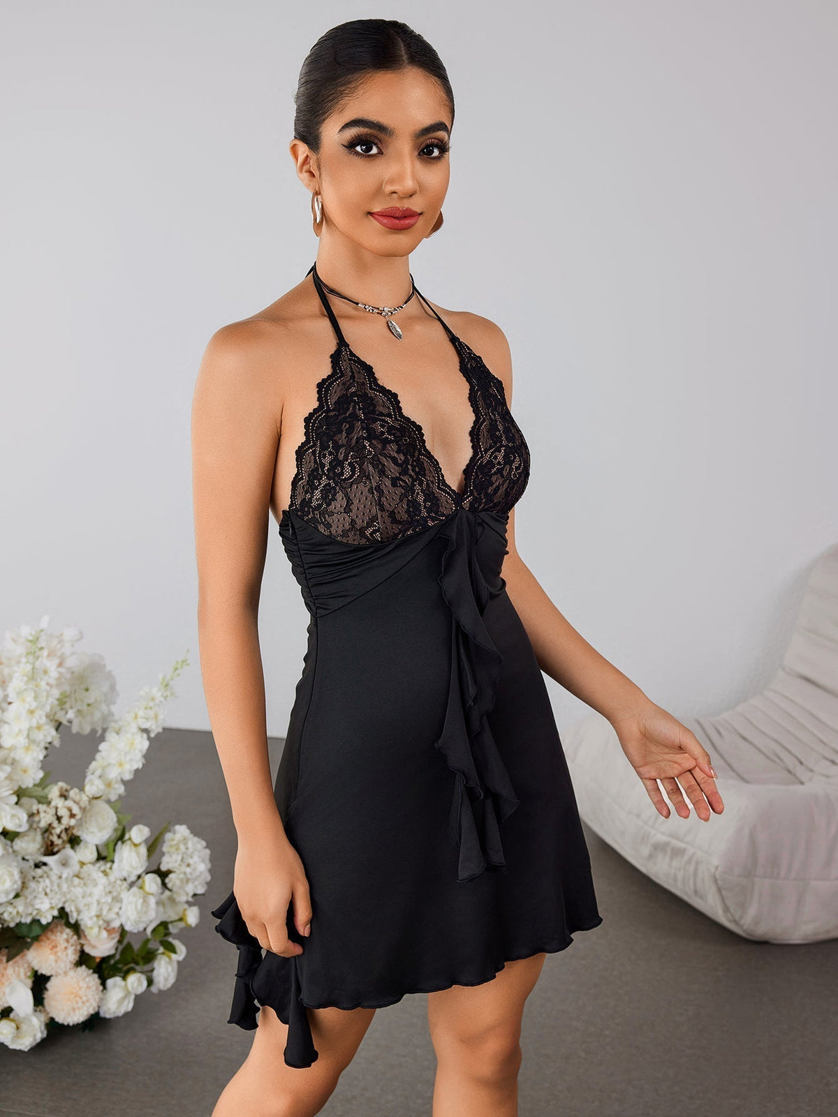 Lace Halter Deep V-Neck Ruffle Fit and Flare Mini Dress - View 3