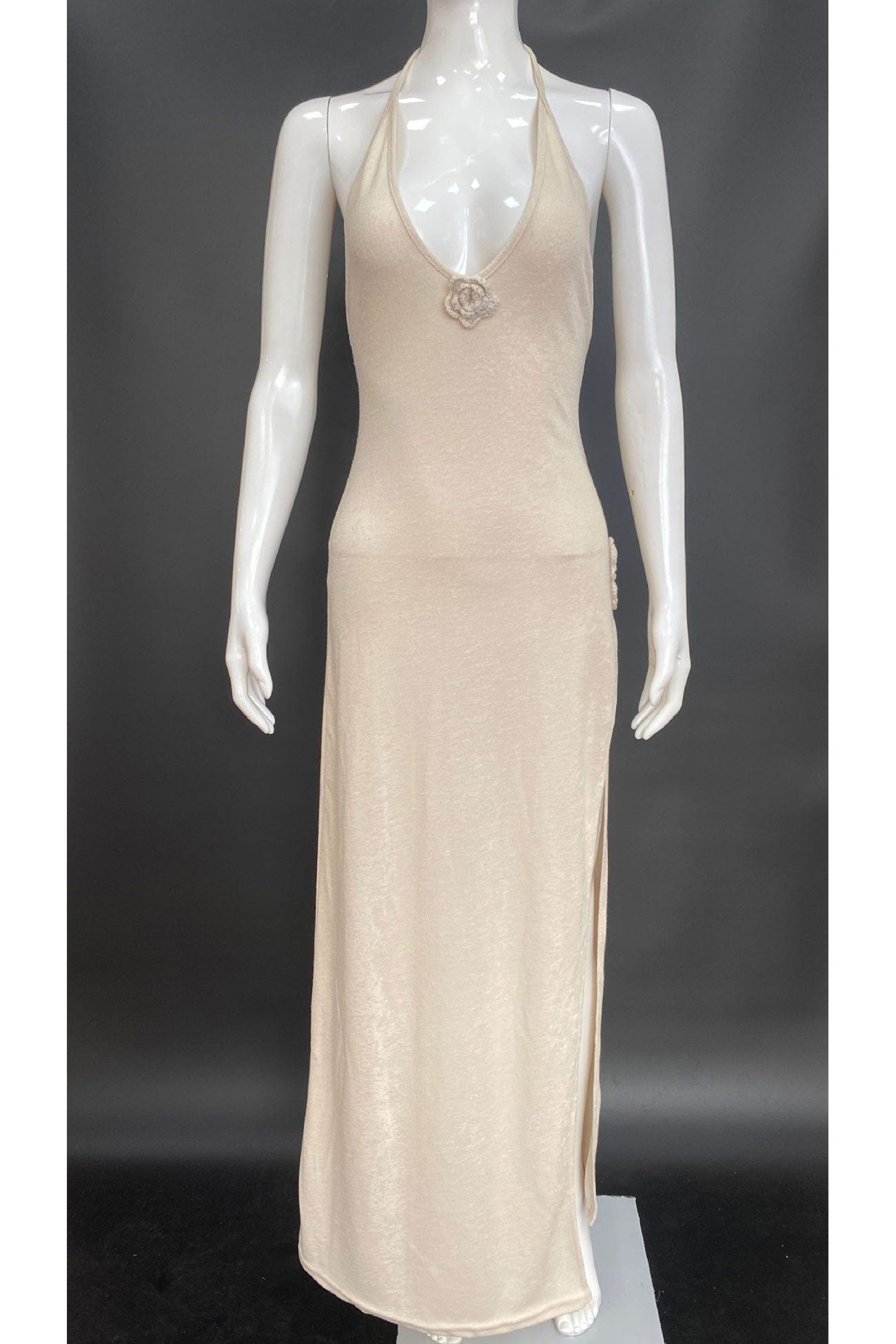 Halter Neck Crochet Flower Slit Knit Dress