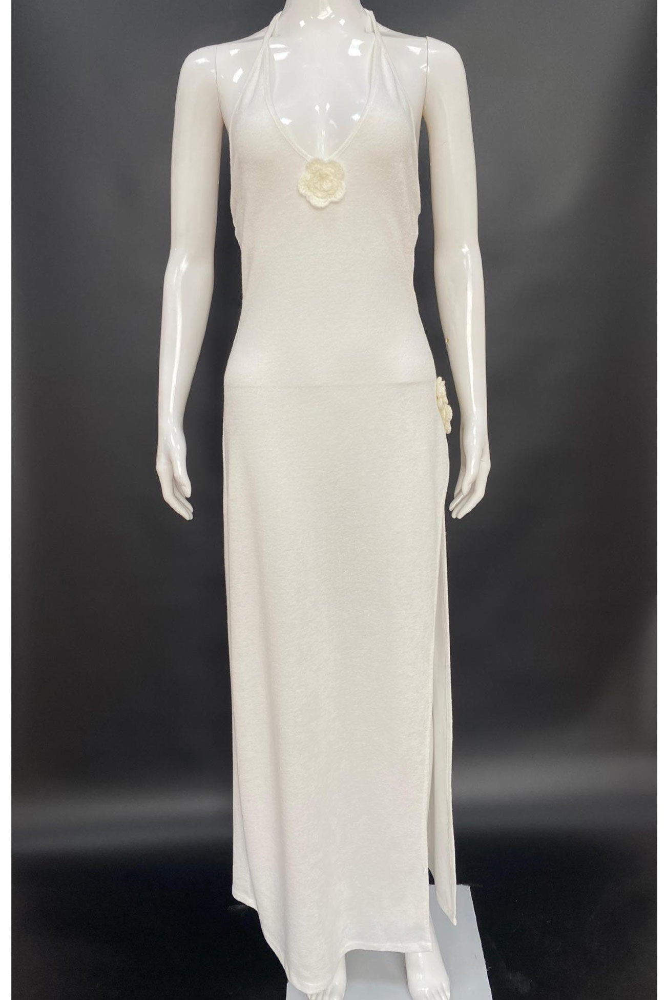 Halter Neck Crochet Flower Slit Knit Dress