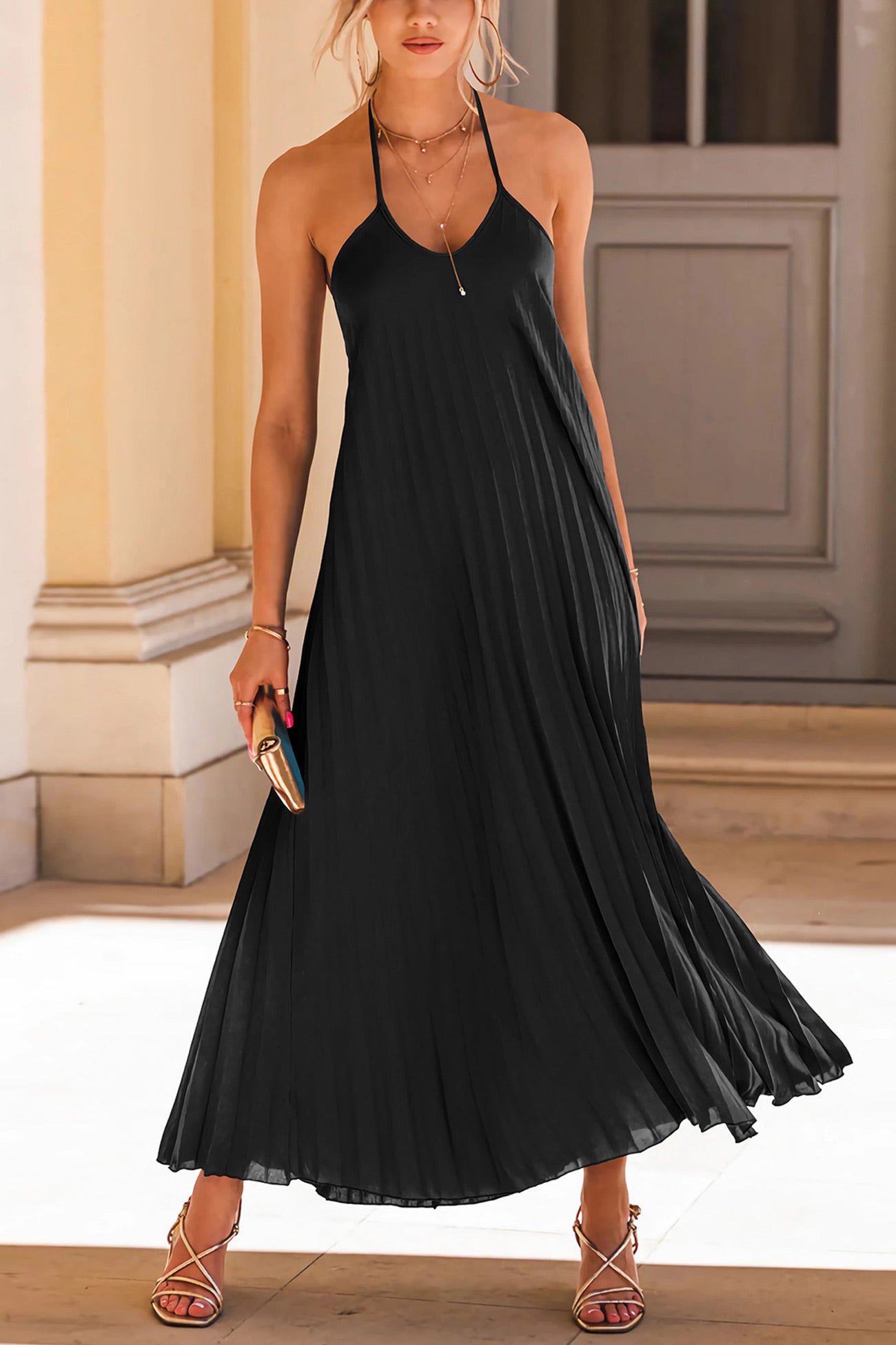 Halter Neck Pleated A-line Dress