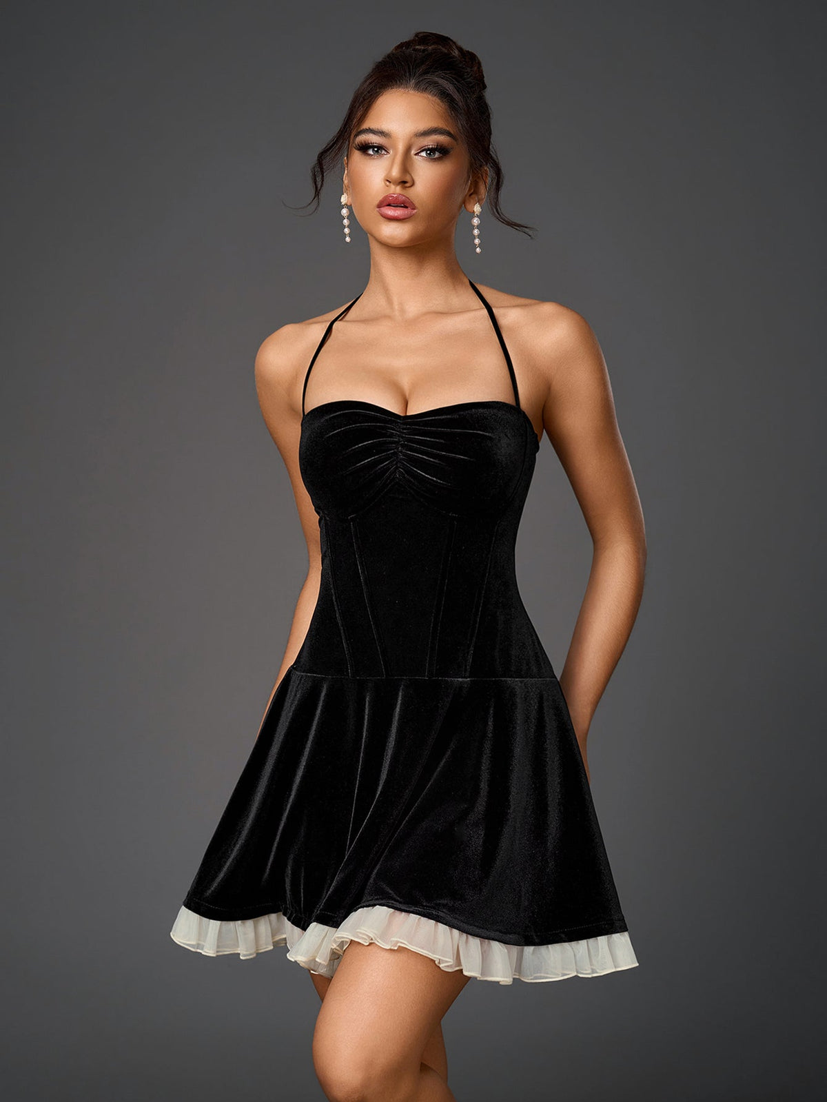 Velvet Halter Neck Ruched Bustier Fit and Flare Mini Dress