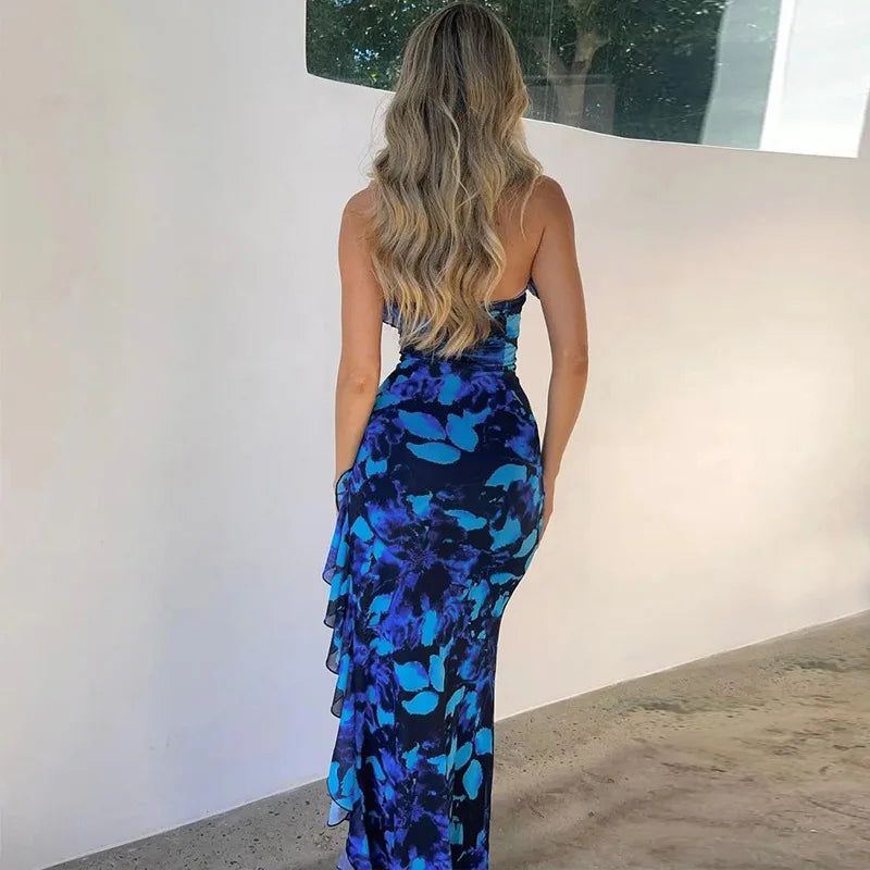 Printed Strapless Lace-Up Ruffle Slit Maxi Dress
