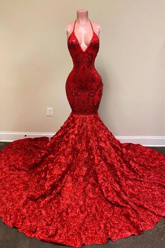 Halter Spaghetti Strapes Glitter Floral Lace Mermaid Prom Evening Dresses