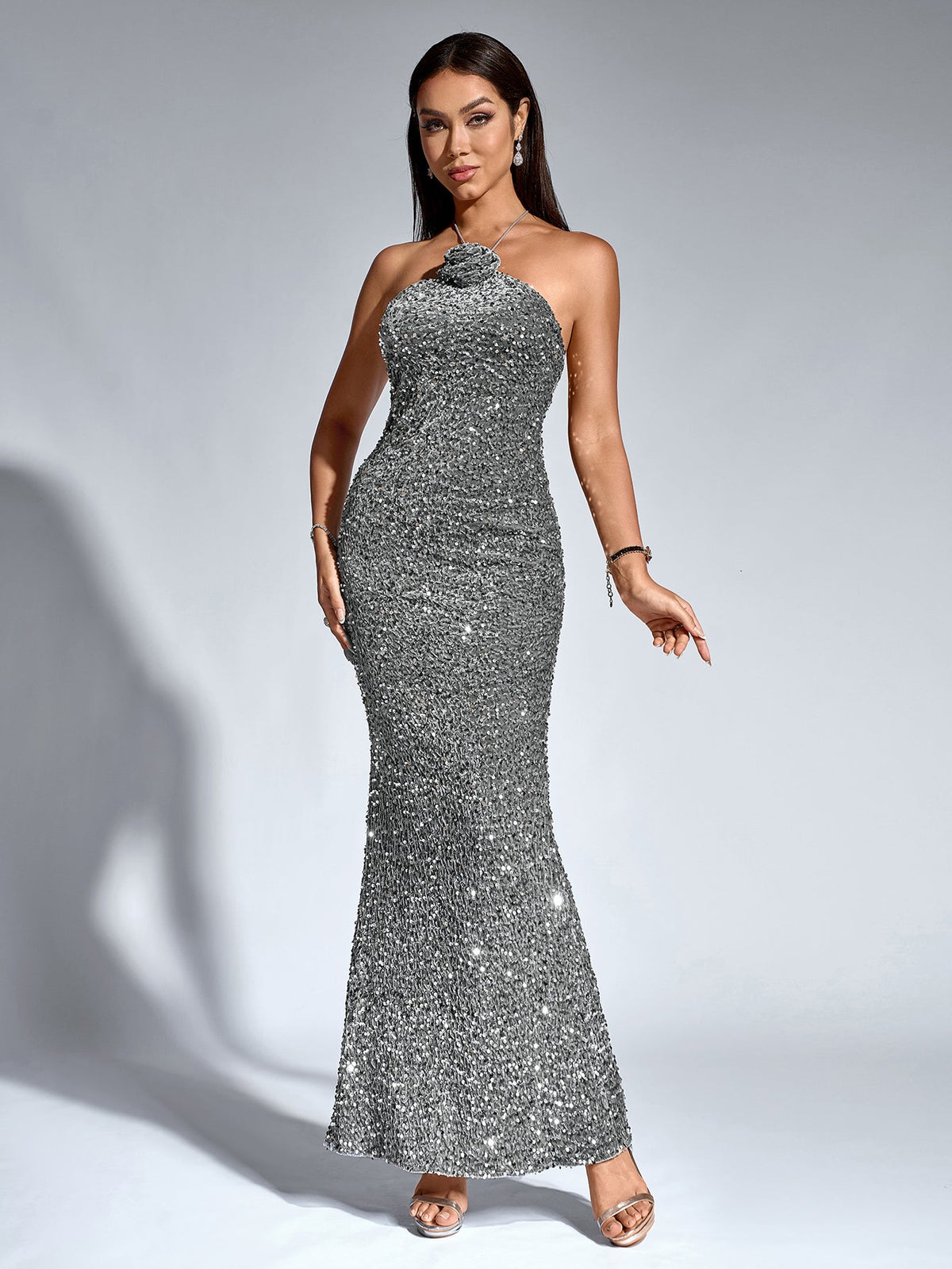 Sequin Halter Neck Rosette Mermaid Maxi Dress - View 4