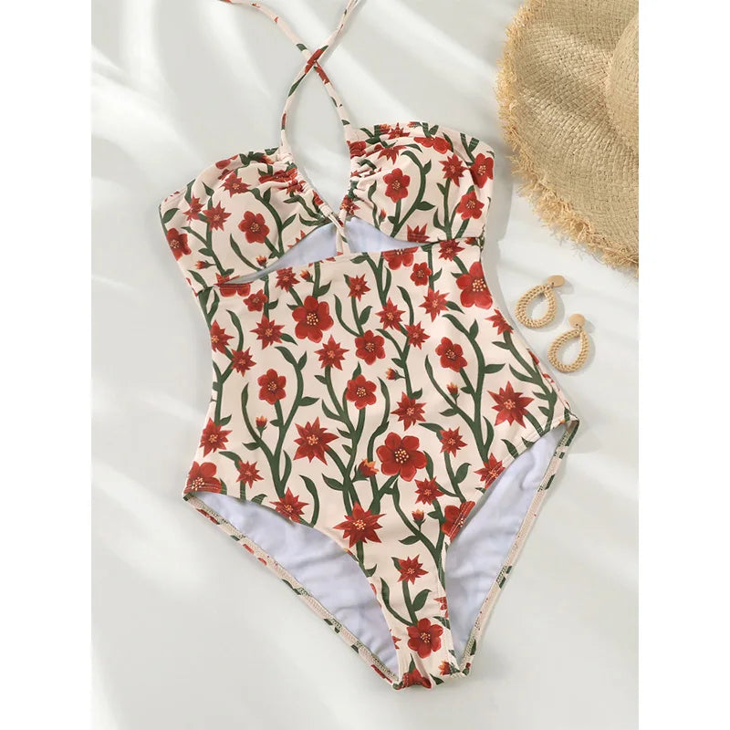 Sexy Halter Print Bandage Swimsuit One Piece