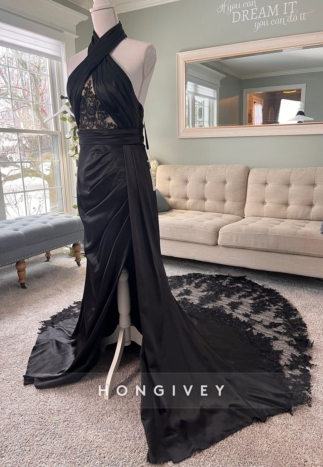 Halter Neck Lace Pleated Open Back Mermaid Black Wedding Dresses with High Slit