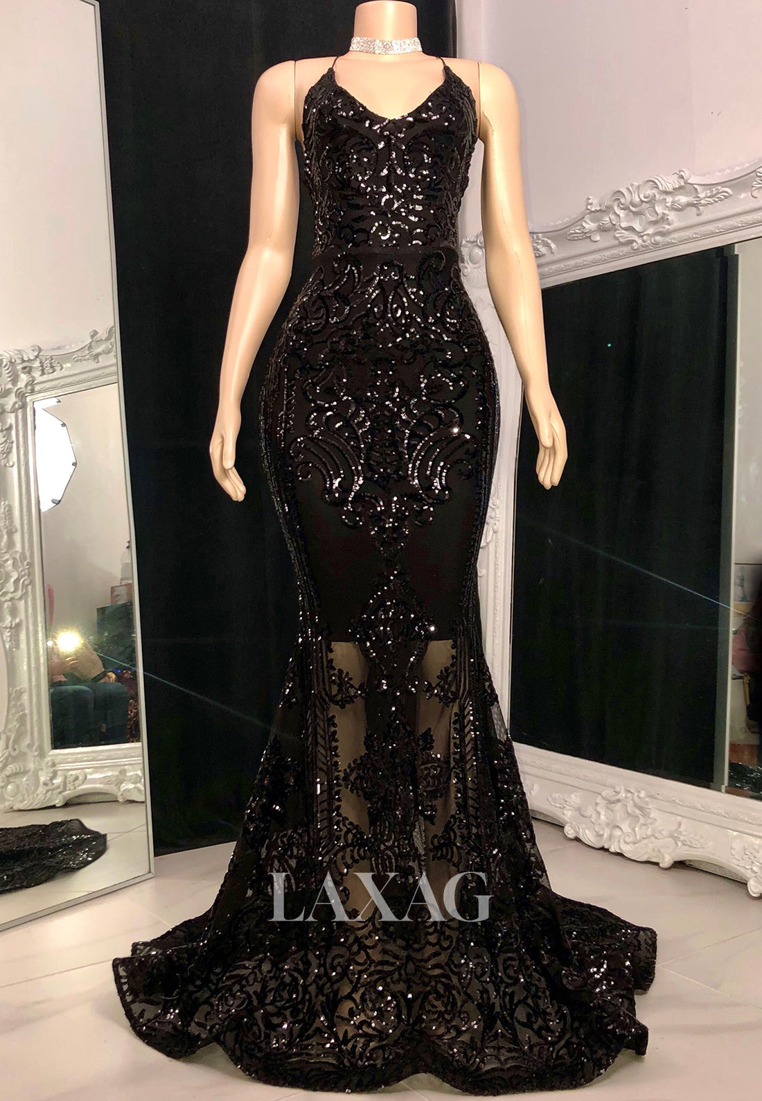 Scoop-Neck Spaghetti Straps Sleeveless Appliques Sequins Sweep Train Mermaid Prom Dress for Black Girl Slay