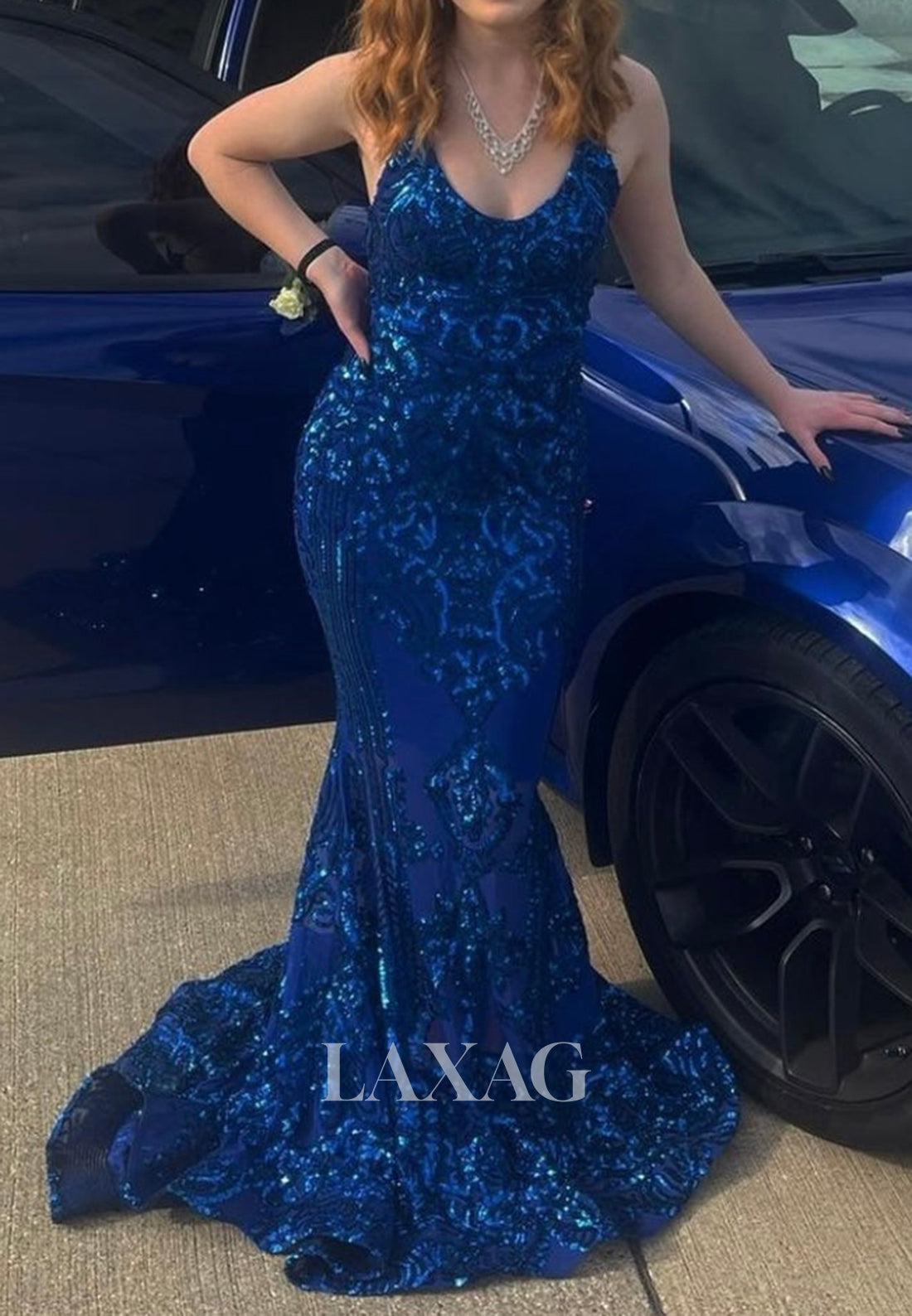 Scoop-Neck Spaghetti Straps Sleeveless Appliques Sequins Sweep Train Mermaid Prom Dress for Black Girl Slay