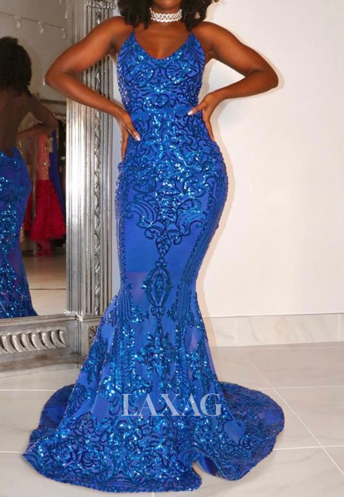 Scoop-Neck Spaghetti Straps Sleeveless Appliques Sequins Sweep Train Mermaid Prom Dress for Black Girl Slay
