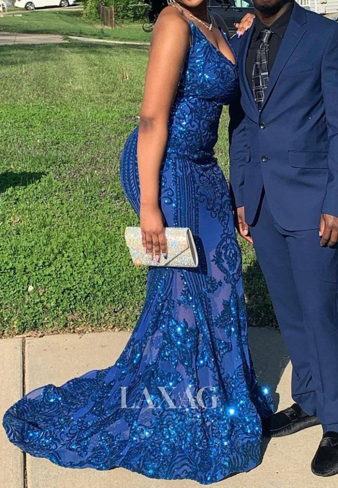 Scoop-Neck Spaghetti Straps Sleeveless Appliques Sequins Sweep Train Mermaid Prom Dress for Black Girl Slay