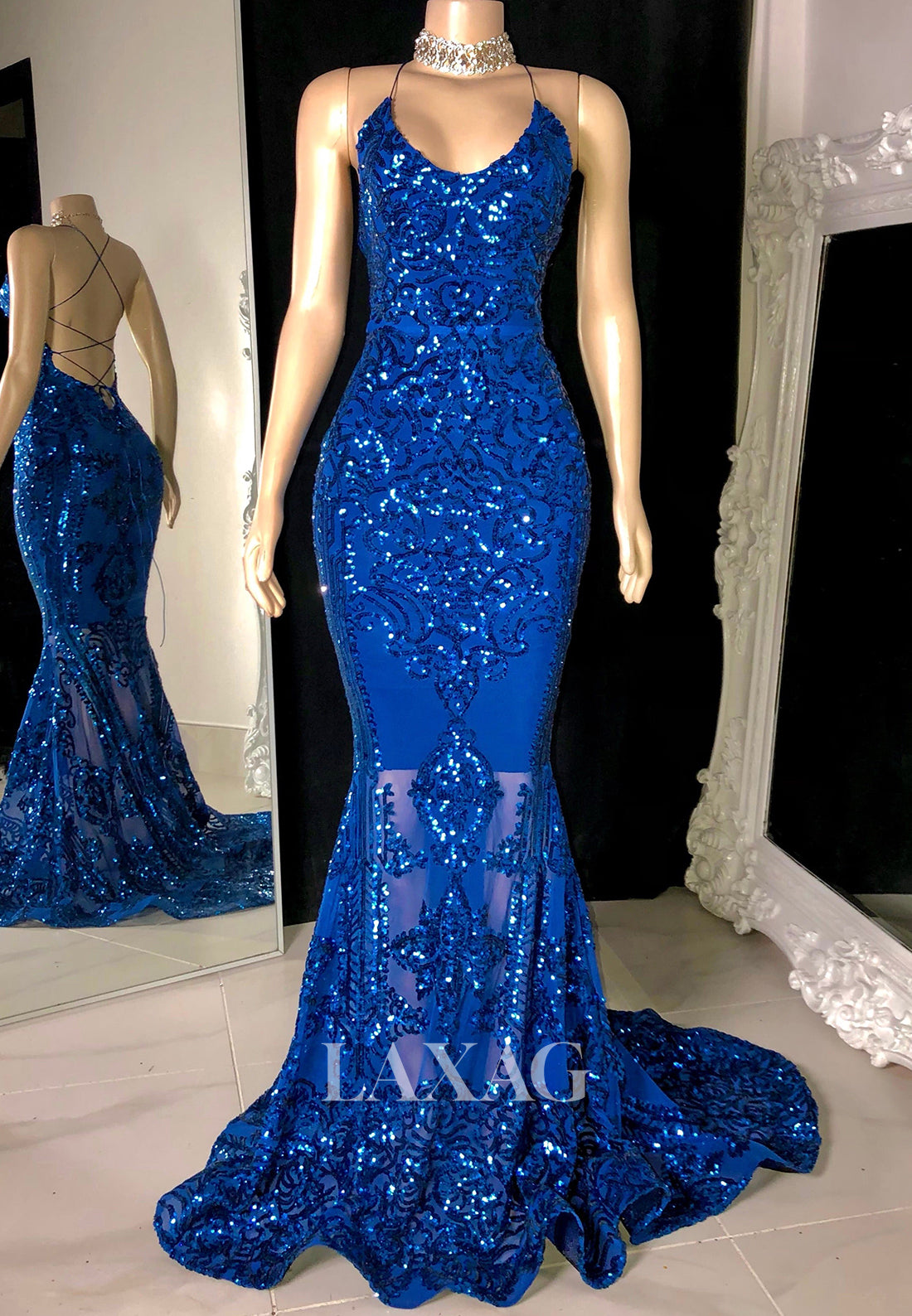 Scoop-Neck Spaghetti Straps Sleeveless Appliques Sequins Sweep Train Mermaid Prom Dress for Black Girl Slay