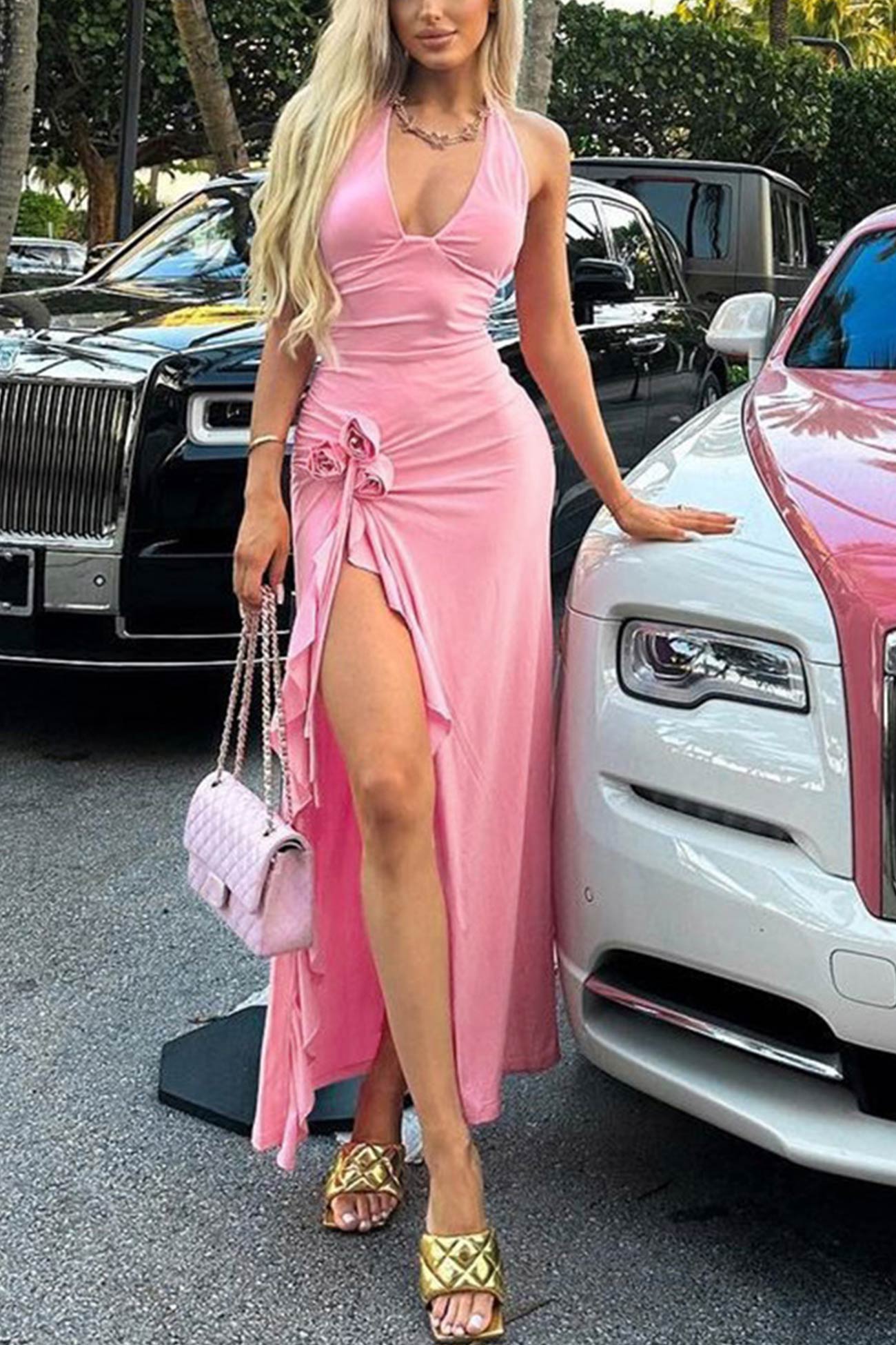 Halterneck Floral Ruffle Hem Midi Dress