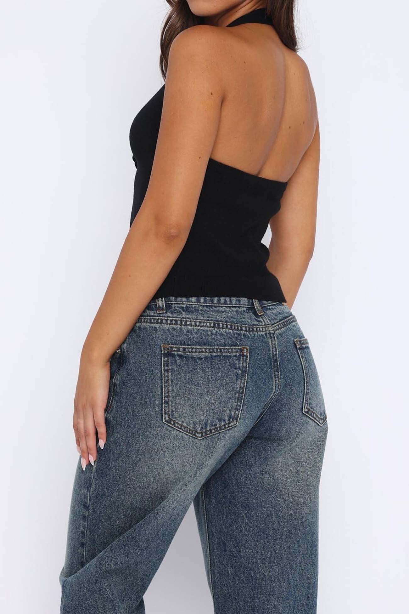 Halterneck Backless Flower Slit Front Crop Top