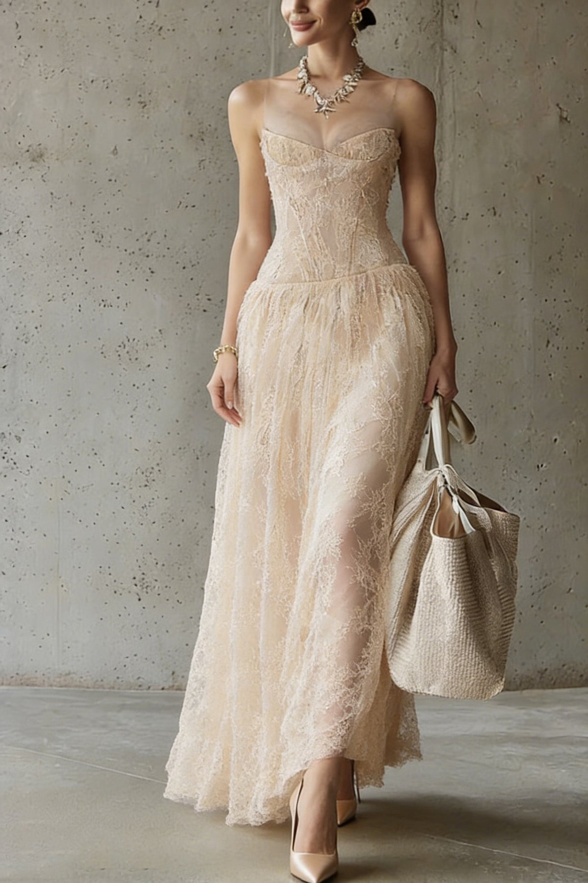 Lace Corset Bodice Mesh Strap Sweetheart Neck A-Line Maxi Gown - View 3