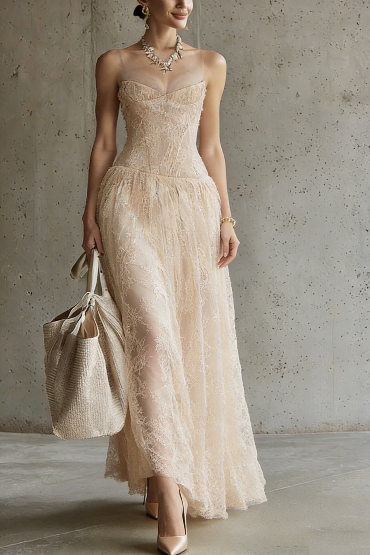 Lace Corset Bodice Mesh Strap Sweetheart Neck A-Line Maxi Gown - View 5