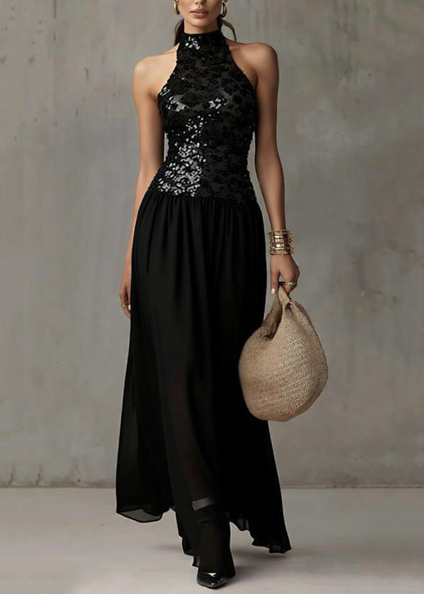 Handmade Black Backless Sequins Patchwork Tulle Long Dress Sleeveless - View 3
