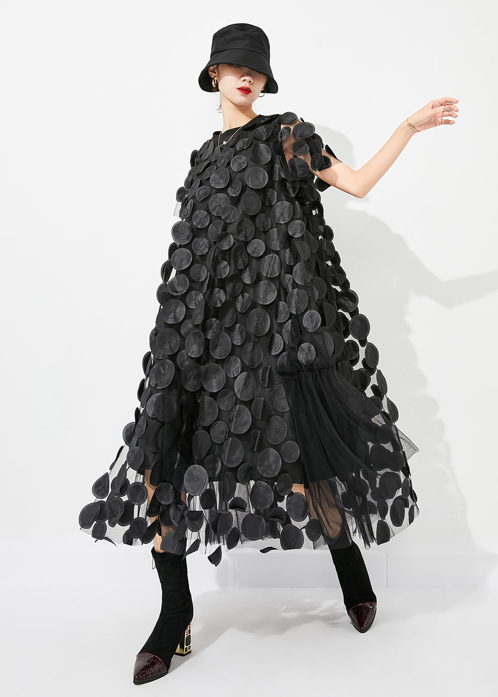 Mesh Circle Disc Appliqué High Neck Cap Sleeve A-Line Midi Dress