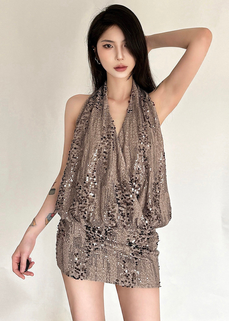 Sequin Halter Neck Deep V-Neck Draped Backless Bodycon Mini Dress