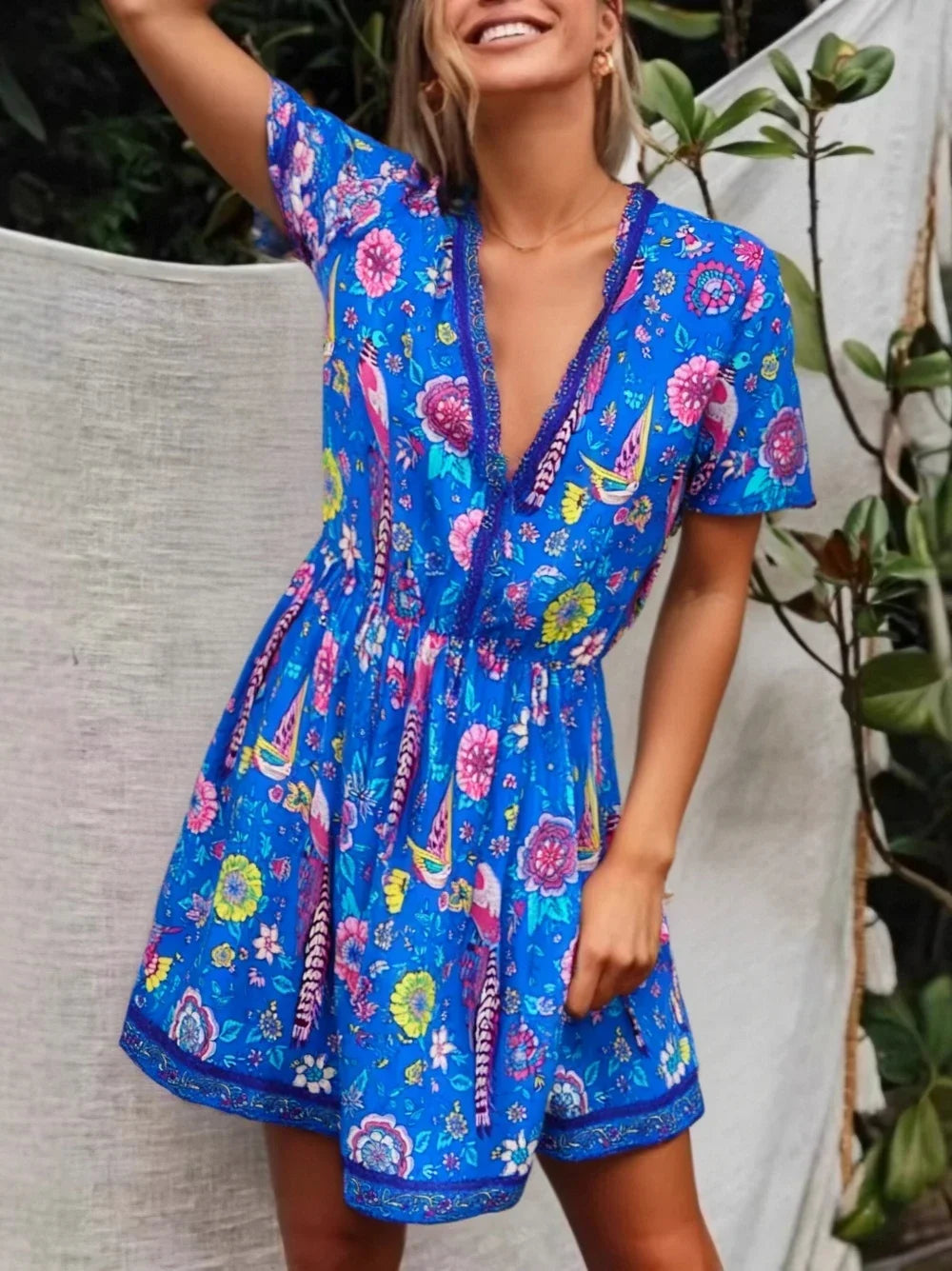 Peacock Floral Deep V-neck Boho Dress Blue / S bohodress-250126