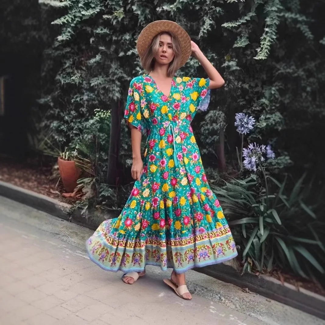 Floral Print V-neck Tassel Loose Beach Maxi Boho Dress Green / S bohodress-250126