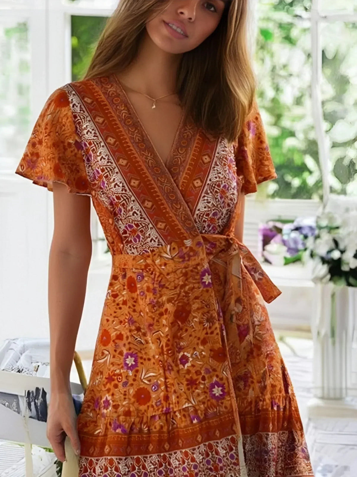 Floral Print V-neck Wrap Short Sleeve Mini Boho Dress Orange / S bohodress-250126