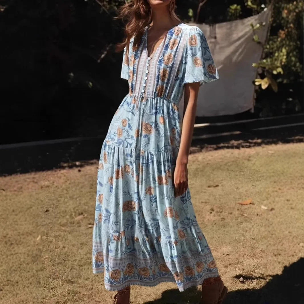 Blue Floral Print Ruffles Sleeve Rayon A-line Beach Maxi Boho Dress light blue / S bohodress-250126