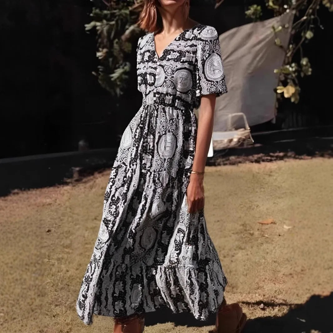 Blue Floral Print Ruffles Sleeve Rayon A-line Beach Maxi Boho Dress Black / S bohodress-250126