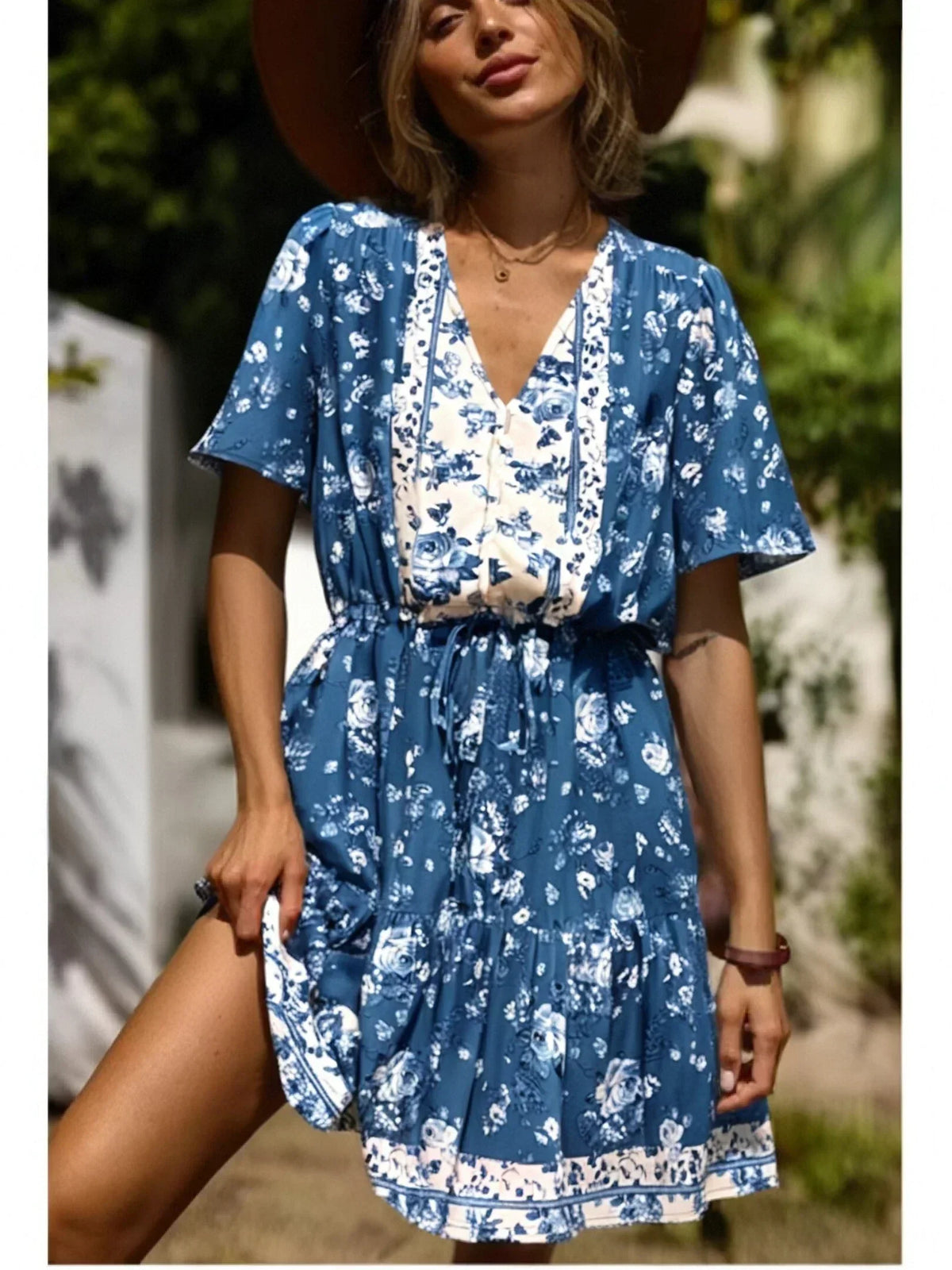 Floral Deep V-neck Tassel Short Sleeve Rayon Vacation Mini Boho Dress Blue / S bohodress-250126