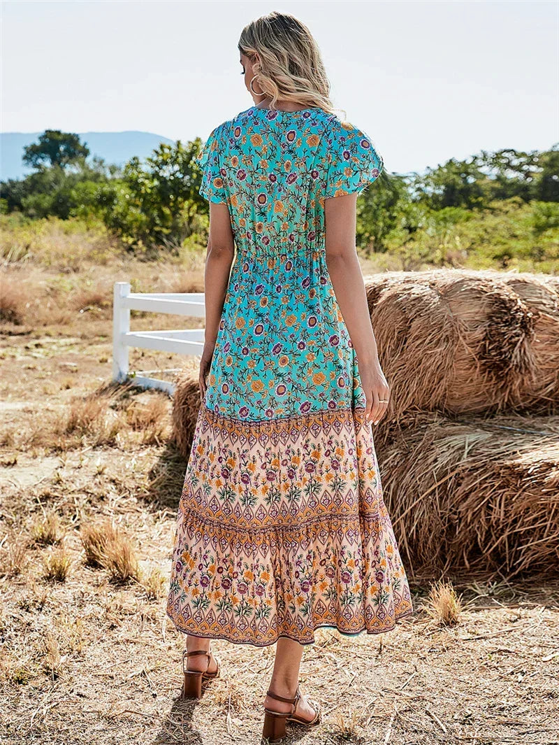 Floral Print Button V-neck Pleated Rayon Beach Maxi Boho Dress