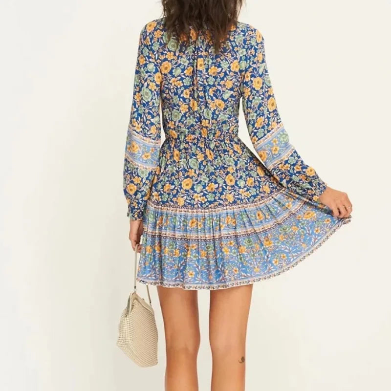 Floral Print Ethnic Long Sleeve V-neck Button Belt Ruffles Mini Boho Dress