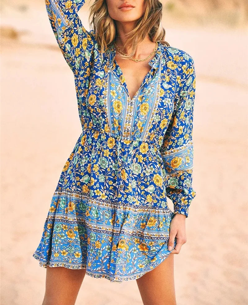 Floral Print Ethnic Long Sleeve V-neck Button Belt Ruffles Mini Boho Dress Blue / S bohodress-250126