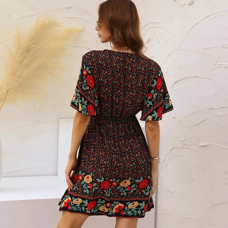 Floral Print V-Neck Flutter Sleeve Tie Front Mini Dress