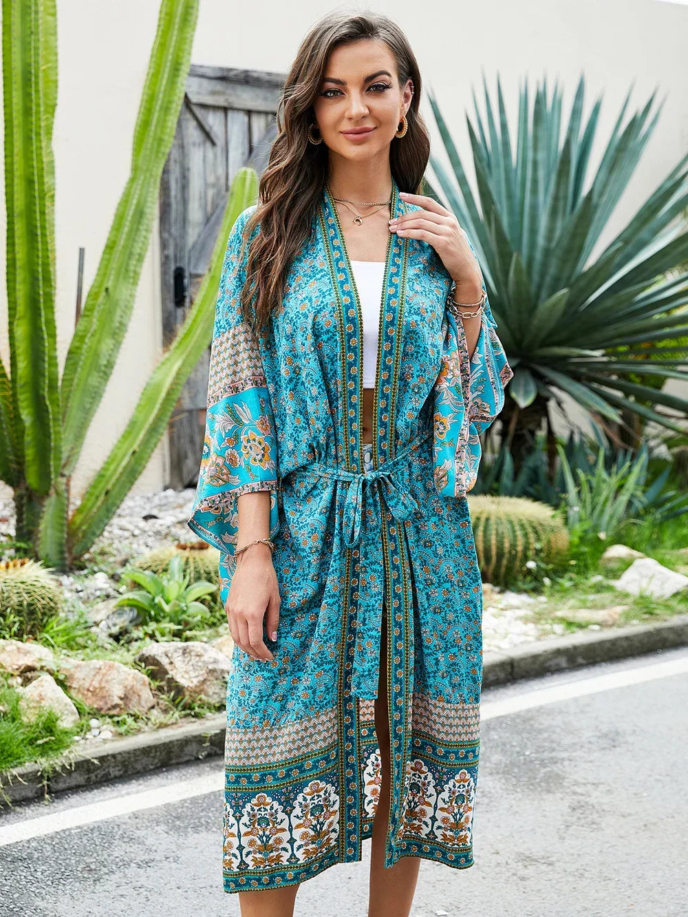 Floral Print V-Neck Belted Wrap Midi Dress