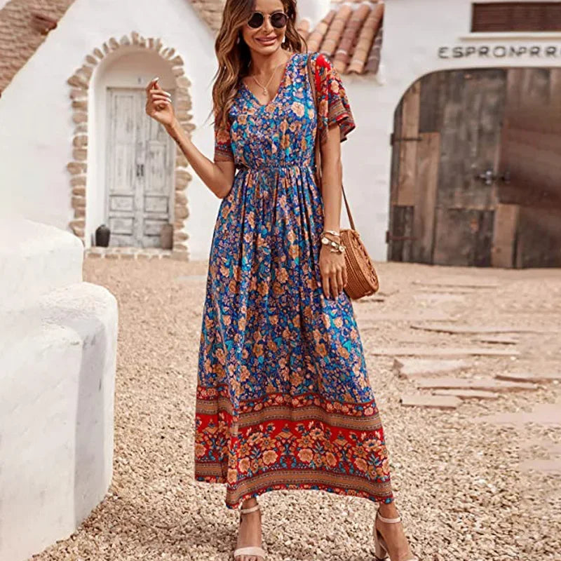 Floral Short Sleeve Beach Boho Dress deep blue / S bohodress-250126