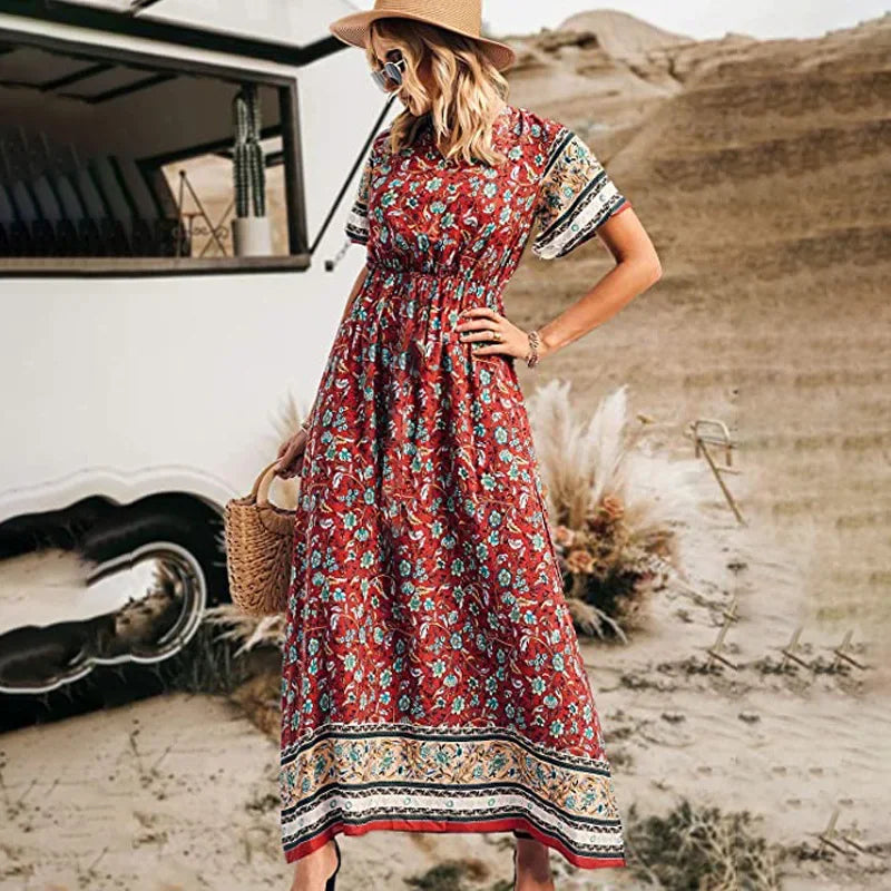 Floral Short Sleeve Beach Boho Dress Red / S bohodress-250126