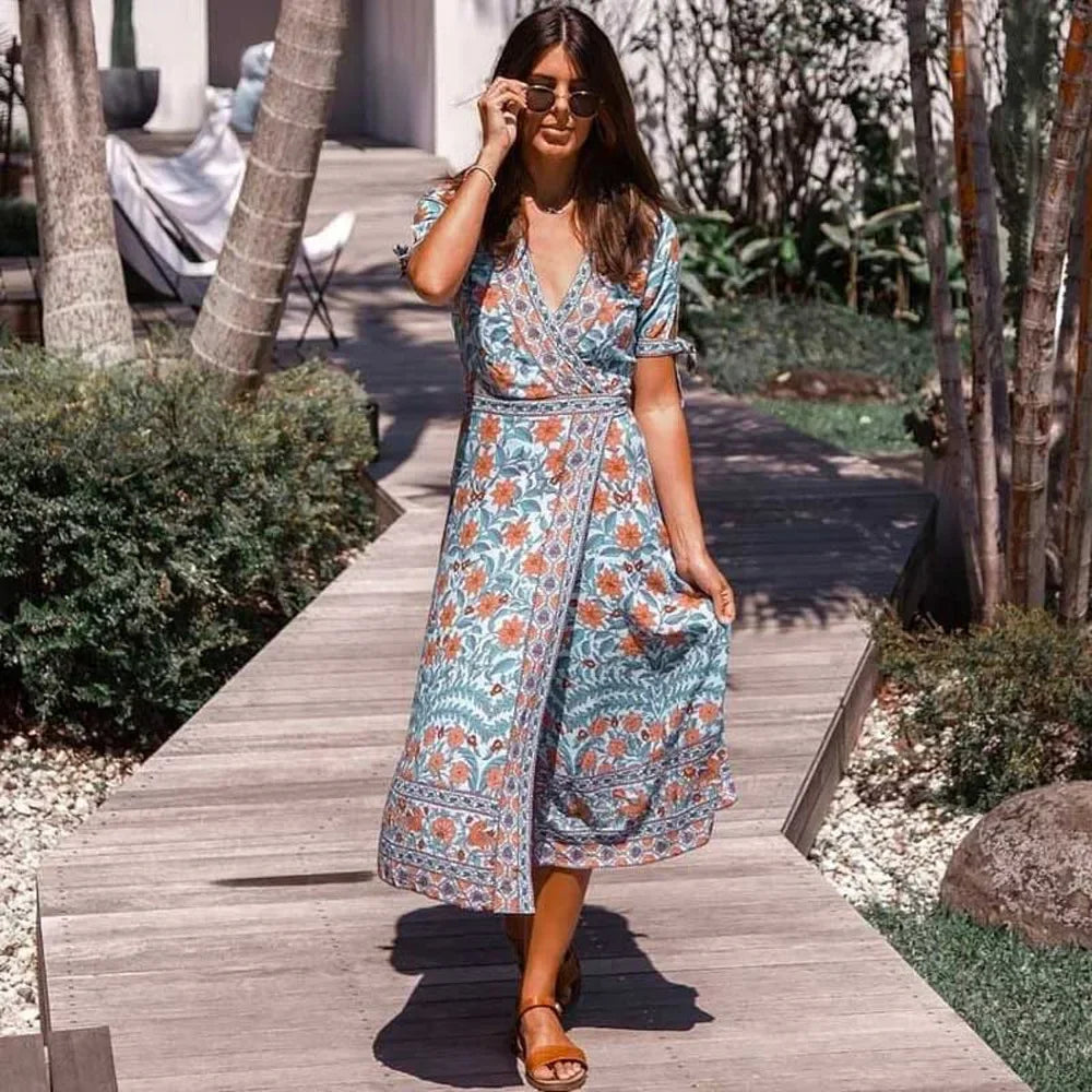 Floral Short Sleeve Sashes Boho Dress Blue / S bohodress-250126