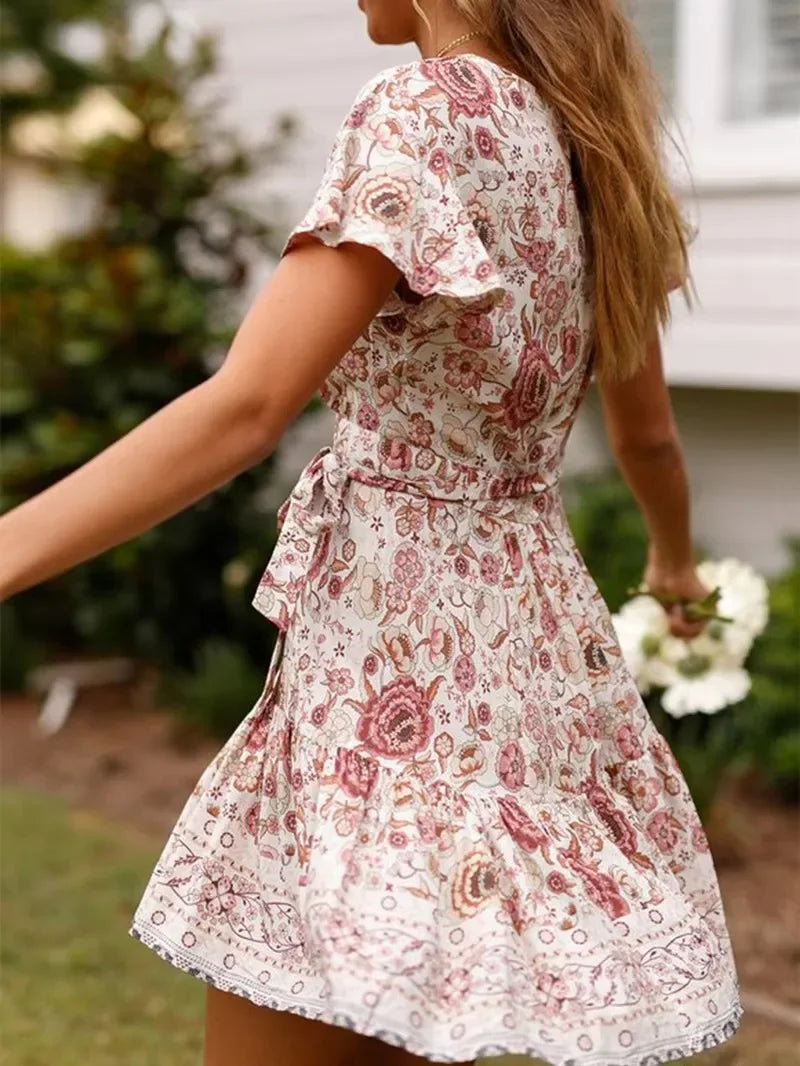 Green Floral Deep V-neck Boho Sundress