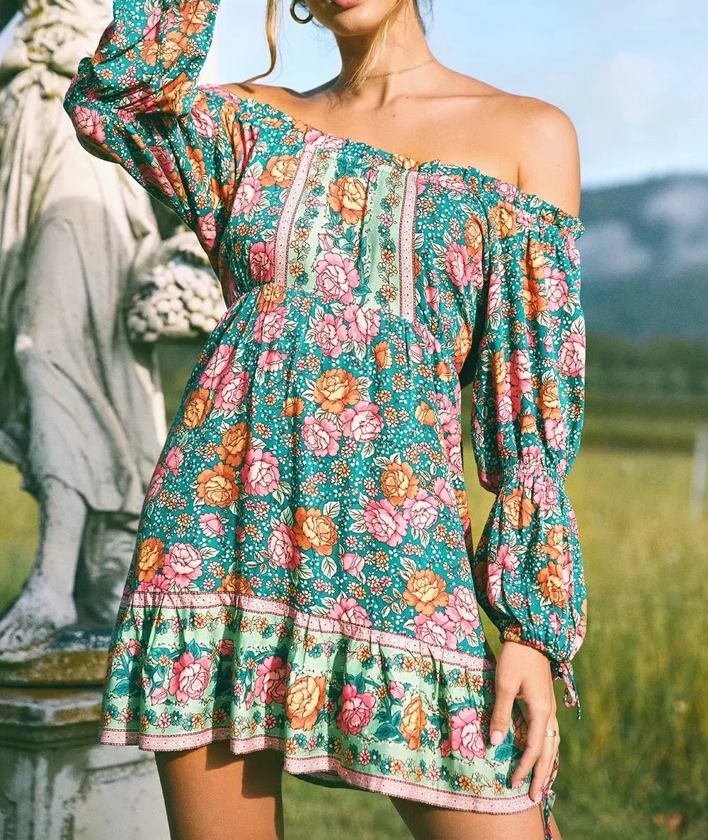 Green Floral Print Off Shoulder Long Sleeve Vacation Mini Boho Sundress Green / S bohodress-250126