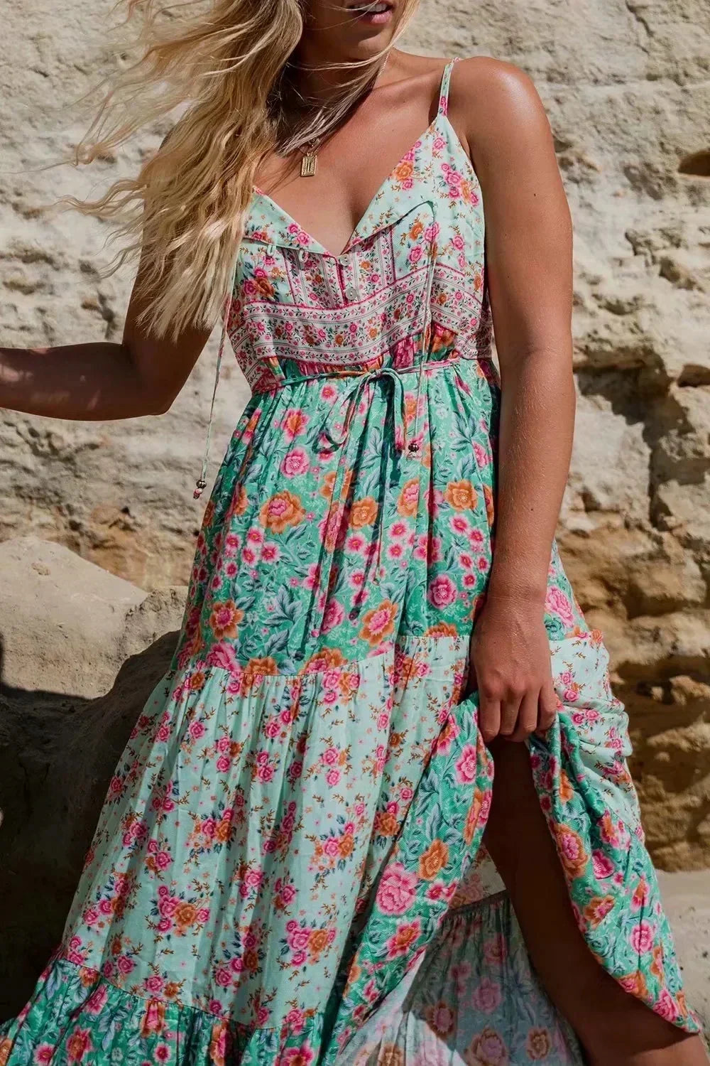 Green Floral Sleeveless Rayon Maxi Boho Dress as picture / S bohodress-250126