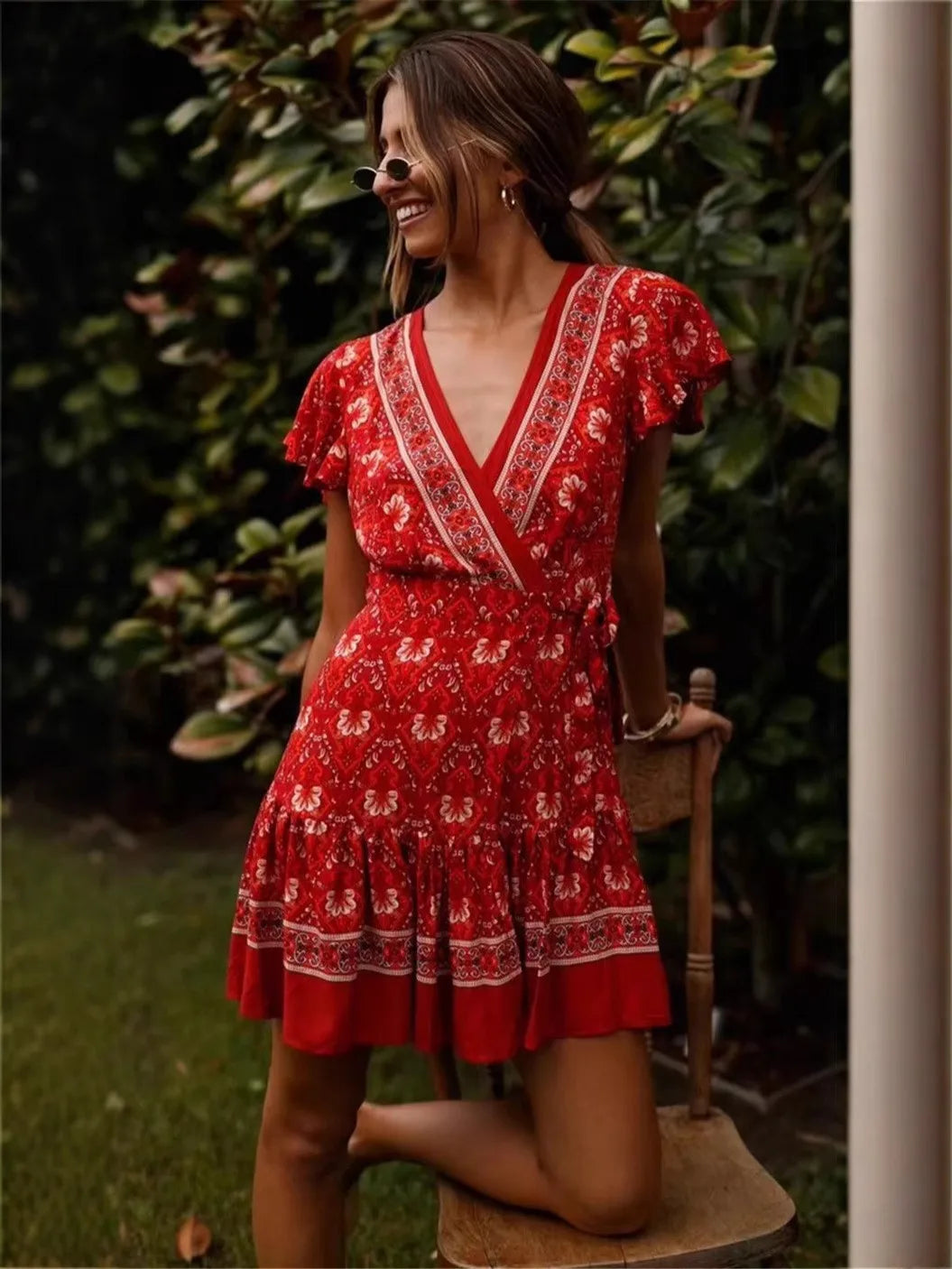 Hippie Floral Print Sashes Boho Dress Red / S bohodress-250126