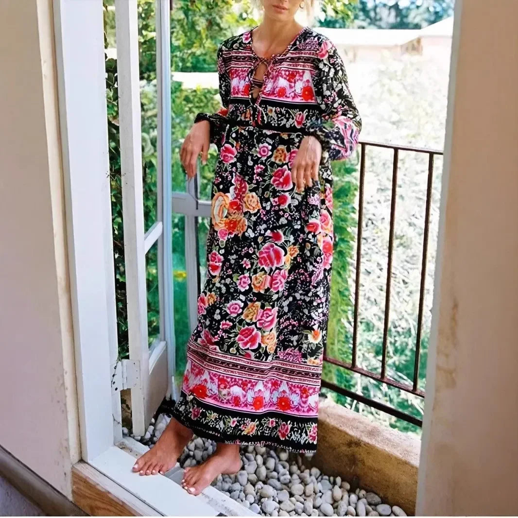 Black Floral Print Tie Neck Long Sleeve Rayon Maxi Boho Dress navy / S bohodress-250126