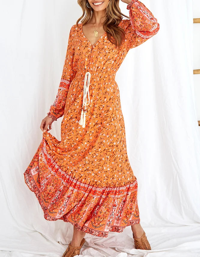 Orange Floral Print Elastic Waist Rayon Cotton Maxi Boho Dress Orange / S bohodress-250126