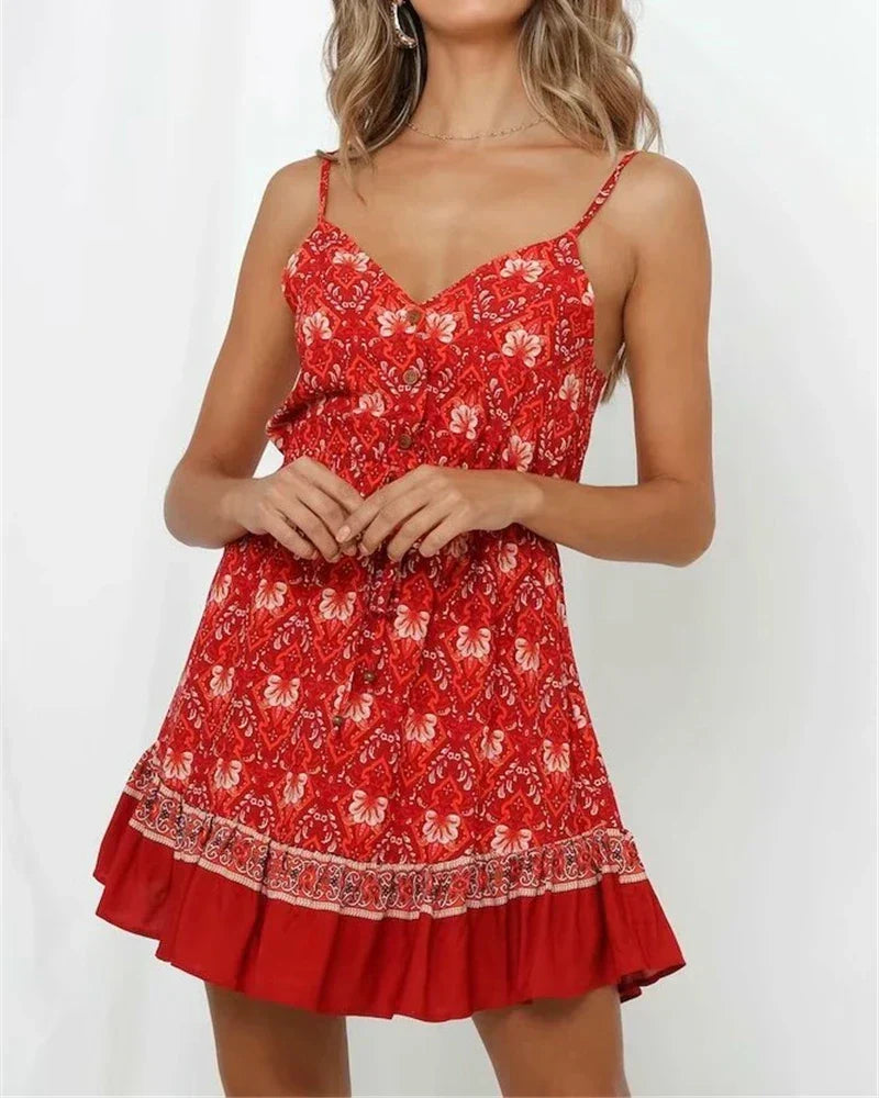 Red Floral Print Strapless Sleeveless Rayon Mini Beach Boho Dress Red / S bohodress-250126