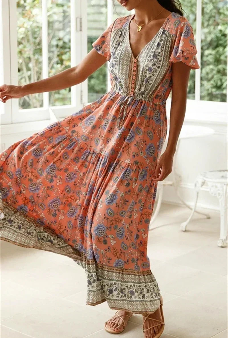 Floral Print V-Neck Short Sleeve Tiered Maxi Dress