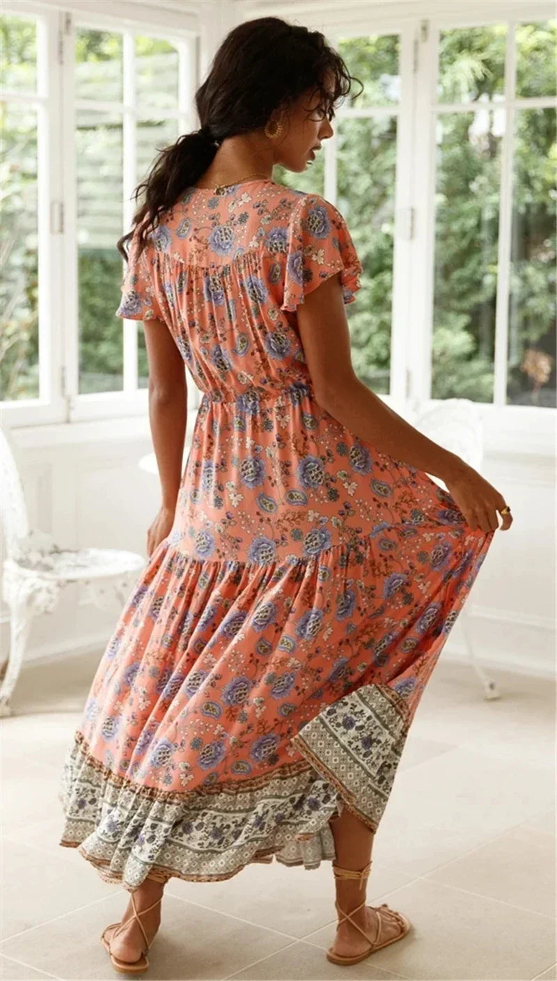 Floral Print V-Neck Short Sleeve Tiered Maxi Dress