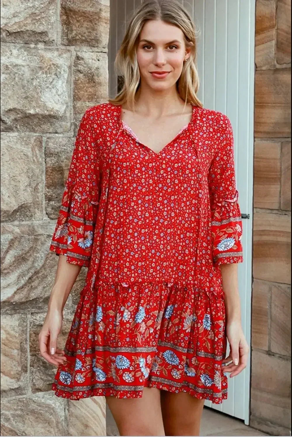 Tie Neck Ruffles Floral Print Rayon Summer Mini Vacation Boho Dress