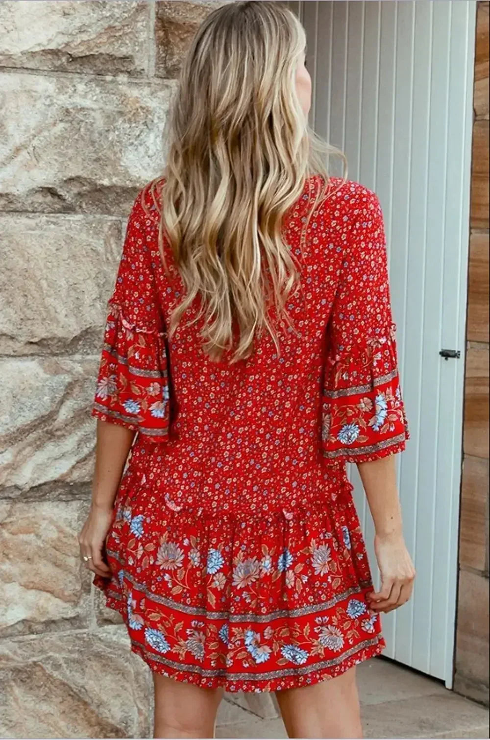 Tie Neck Ruffles Floral Print Rayon Summer Mini Vacation Boho Dress Red / S bohodress-250126