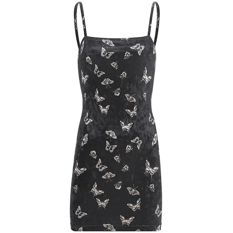 Butterfly Print Velvet Square Neck Bodycon Mini Dress